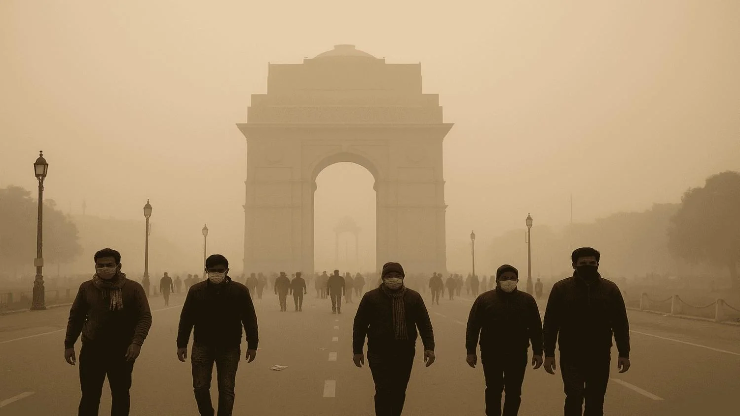 Thick smog covers Delhi’s India Gate as air pollution reaches hazardous levels.